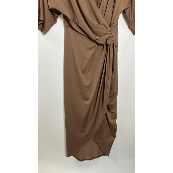Dressy Day Brown Short Sleeve Drape Crossover Stretchy Midi Dress, Size M - Picture 3 of 5